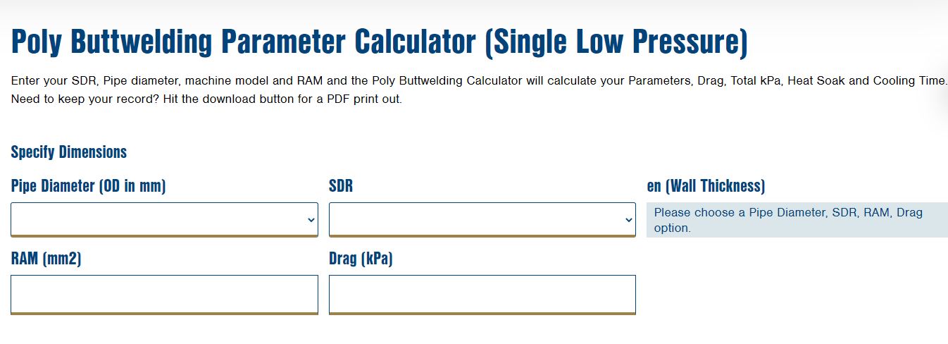 Quick guide: Poly Buttwelding Parameter Calculator (Single Low Pressure)